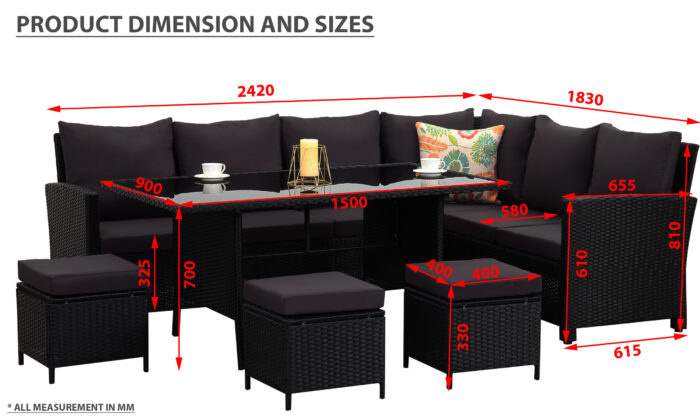 Outdoor Wicker Modular Lounge Furniture Dining Sofa Set Lounge 9Seater-Black