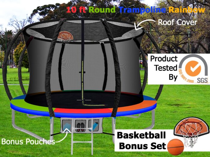 Trampoline Set, Roof Cover, Basket Ball Hoop Set, Ladder, Storage Pouch, Kids Gift-Orange - 14FT