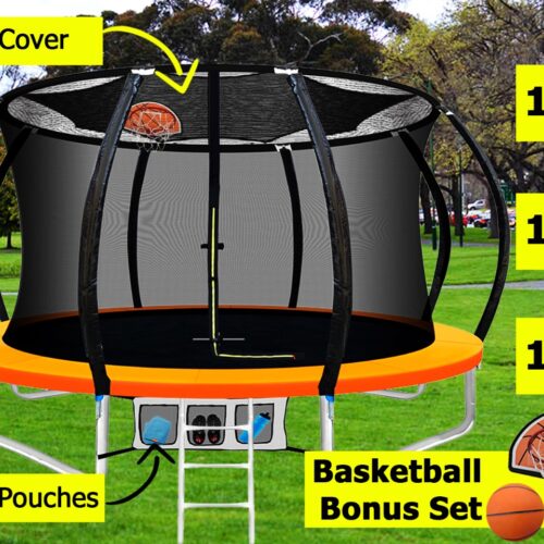 Trampoline Set, Roof Cover, Basket Ball Hoop Set, Ladder, Storage Pouch, Kids Gift-Orange